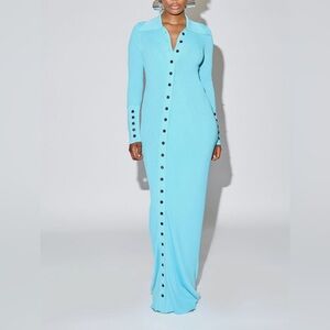 Elegant Long Sleeve Button-Front Maxi Dress in Sky Blue